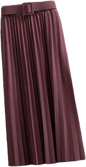 Mid-Length Pleated Skirt for Women Korean Elegant Solid A Line Belt High Waist Midi Long Skirt