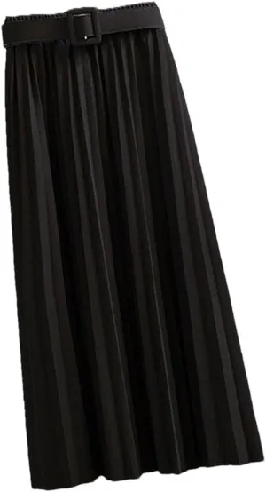 Mid-Length Pleated Skirt for Women Korean Elegant Solid A Line Belt High Waist Midi Long Skirt