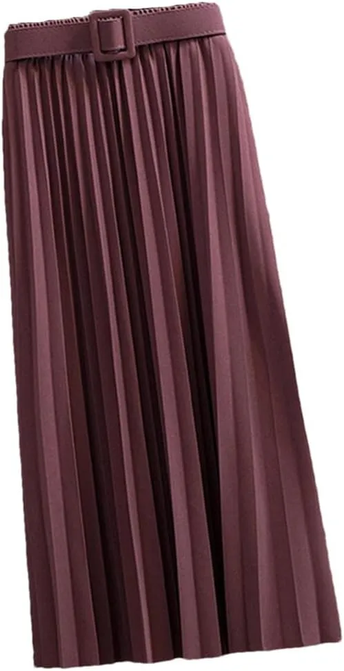 Mid-Length Pleated Skirt for Women Korean Elegant Solid A Line Belt High Waist Midi Long Skirt