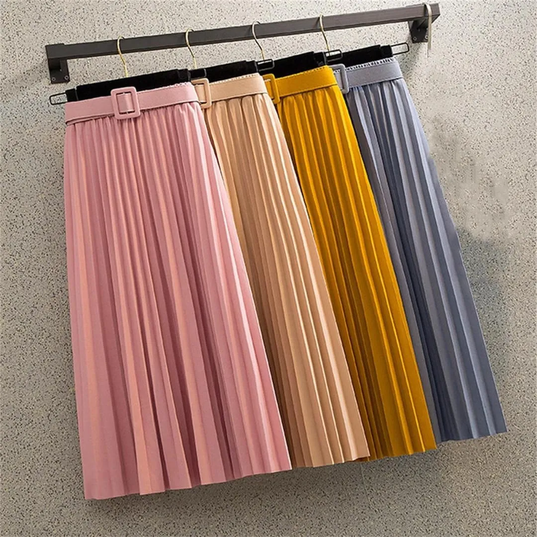 Mid-Length Pleated Skirt for Women Korean Elegant Solid A Line Belt High Waist Midi Long Skirt