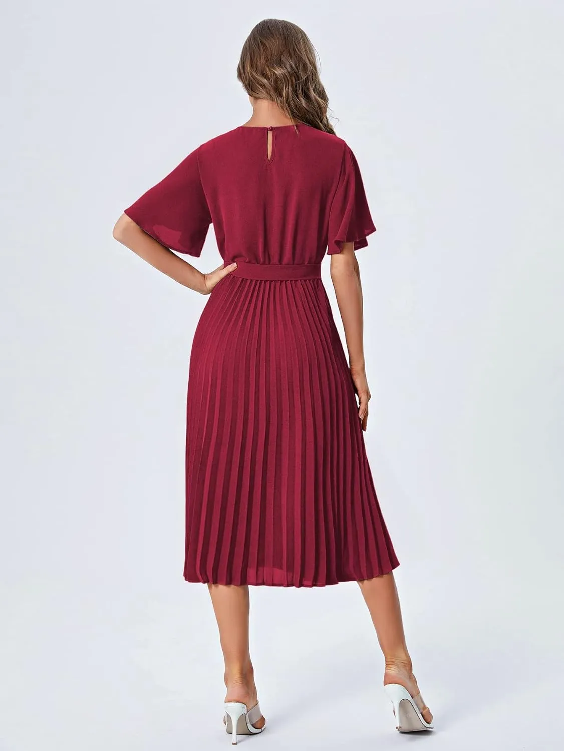 Milumia Women's Elegant Belted Pleated Flounce Sleeve Long Dress