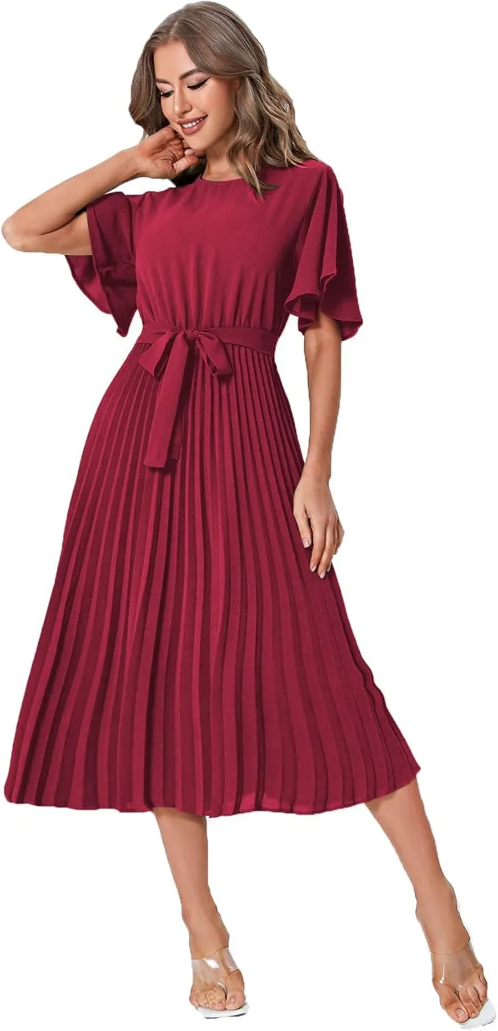 Milumia Women's Elegant Belted Pleated Flounce Sleeve Long Dress