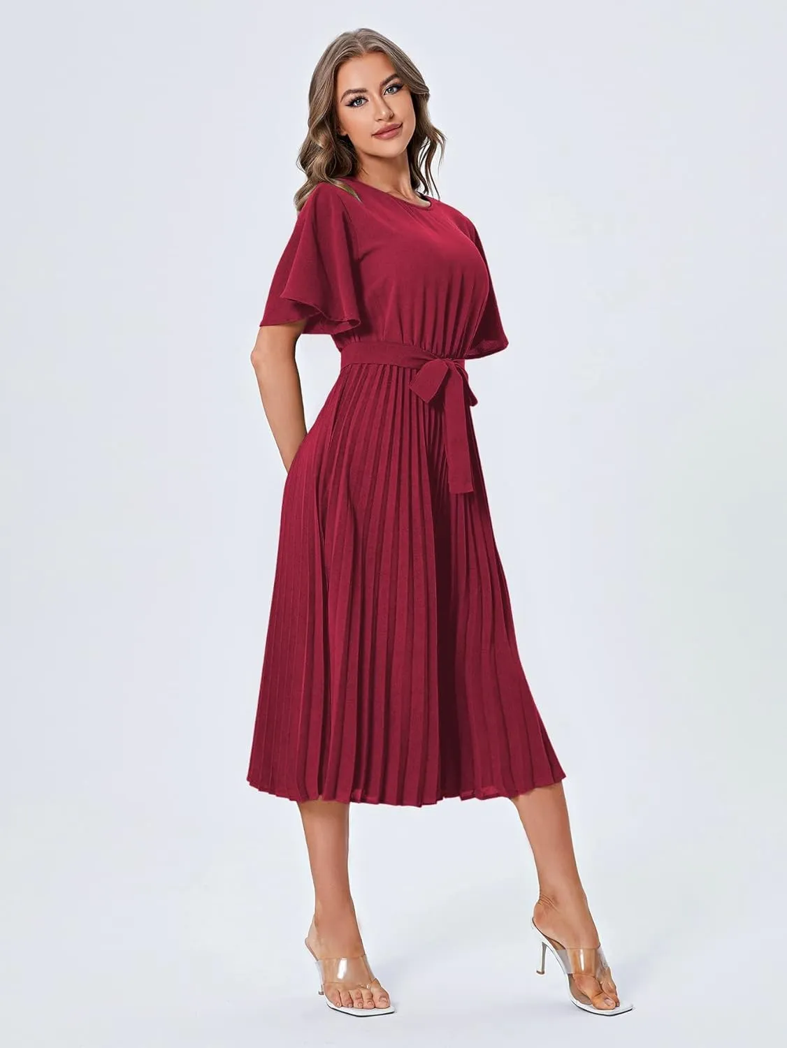 Milumia Women's Elegant Belted Pleated Flounce Sleeve Long Dress
