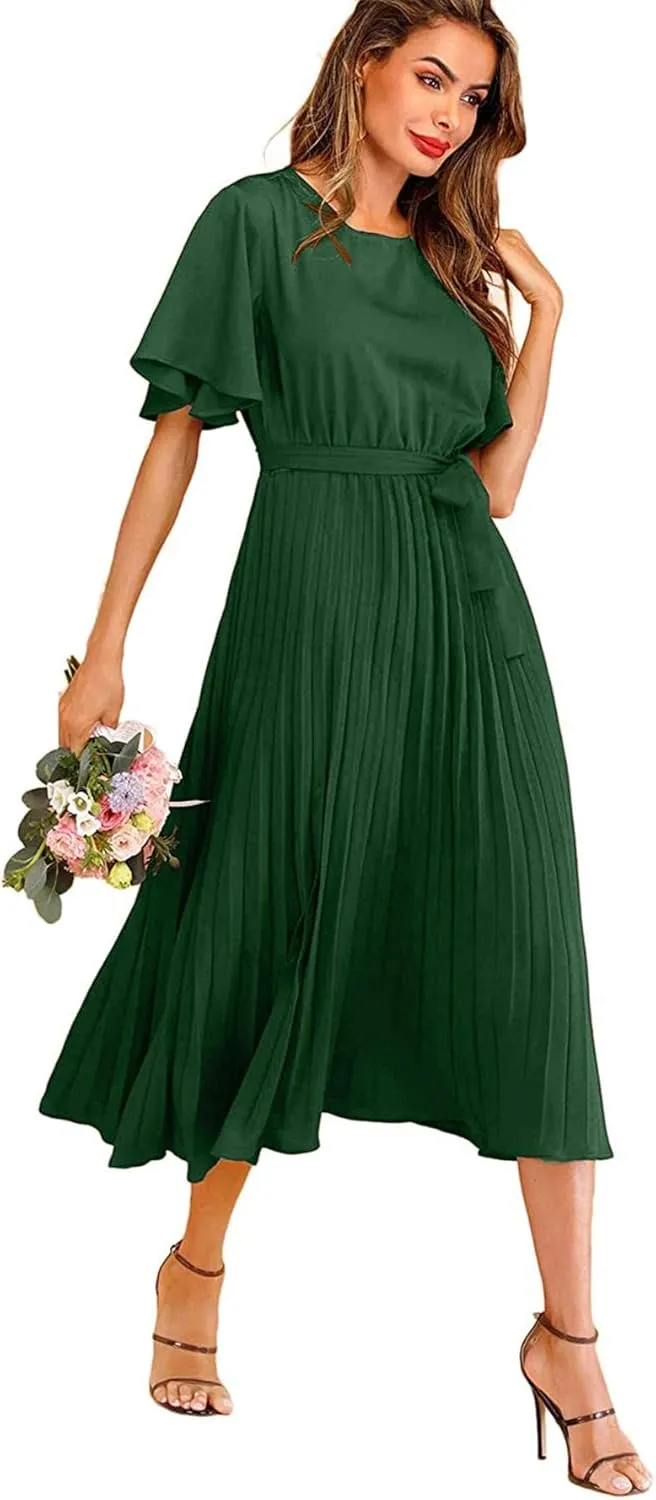 Milumia Women's Elegant Belted Pleated Flounce Sleeve Long Dress