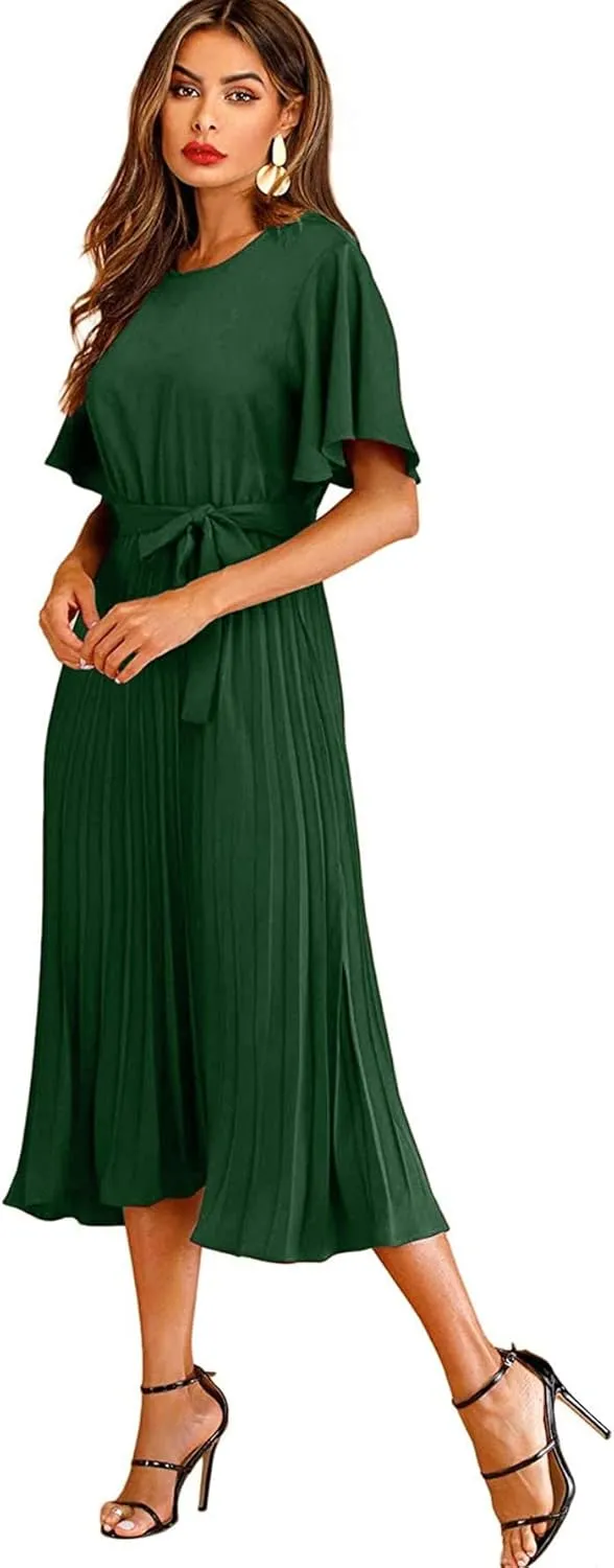 Milumia Women's Elegant Belted Pleated Flounce Sleeve Long Dress