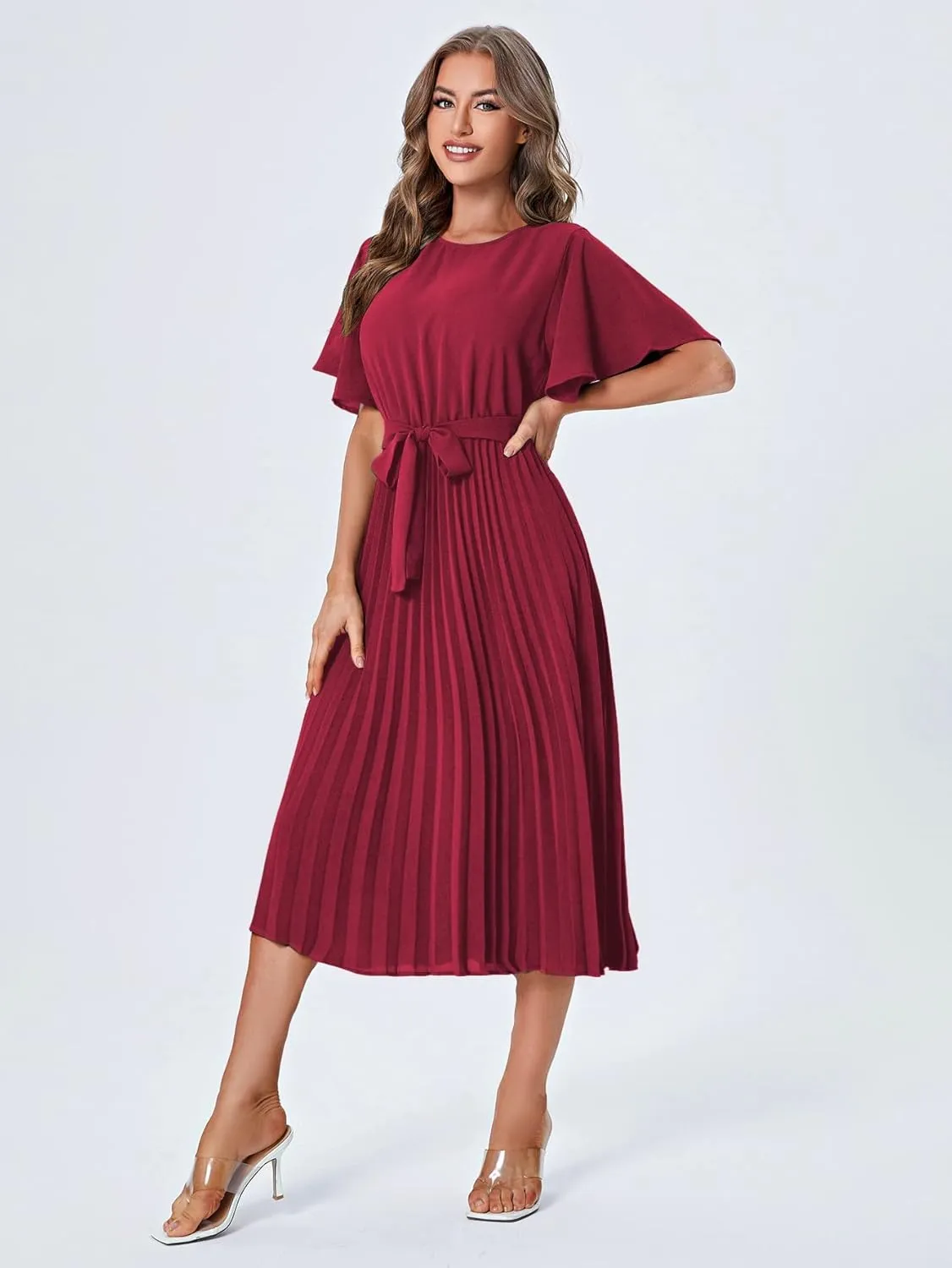 Milumia Women's Elegant Belted Pleated Flounce Sleeve Long Dress
