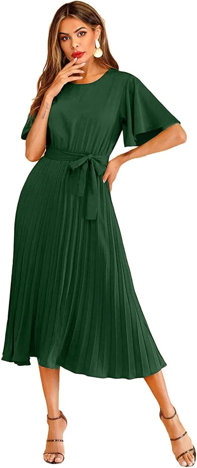 Milumia Women's Elegant Belted Pleated Flounce Sleeve Long Dress