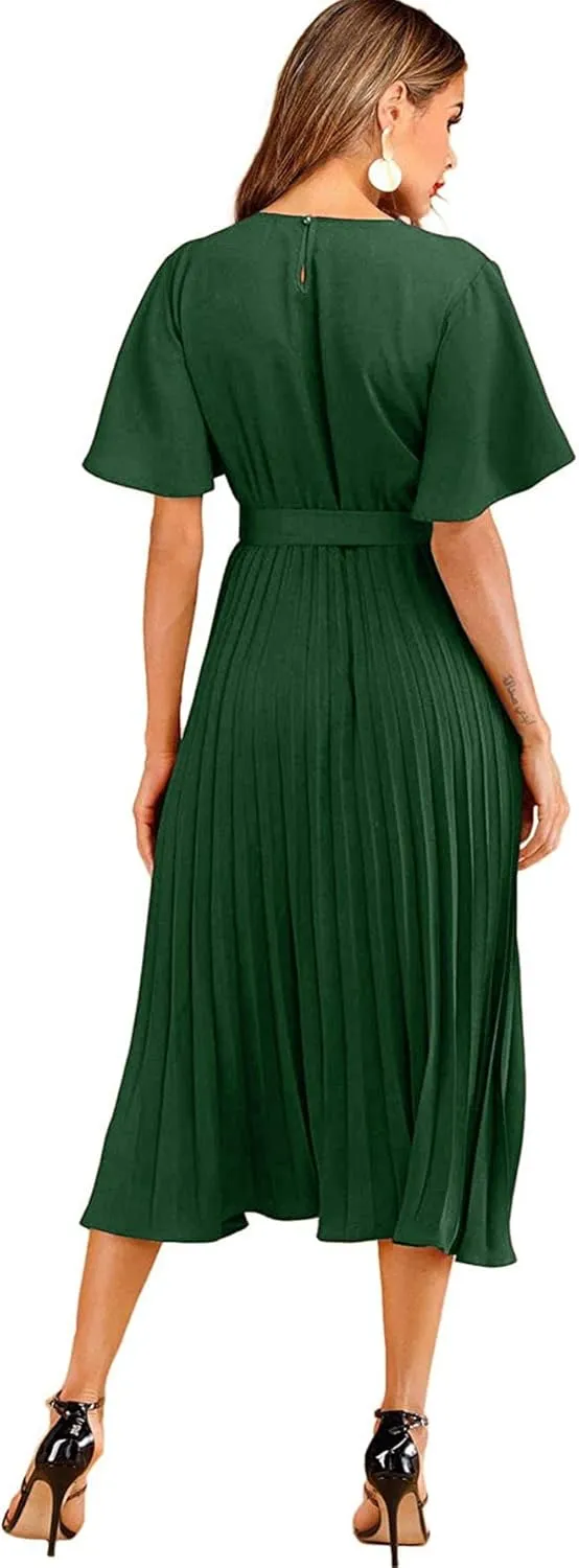 Milumia Women's Elegant Belted Pleated Flounce Sleeve Long Dress