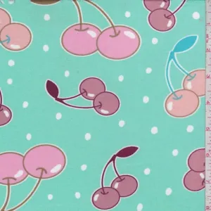 Mint Cherry/Dot Double Brushed Jersey Knit Fabric