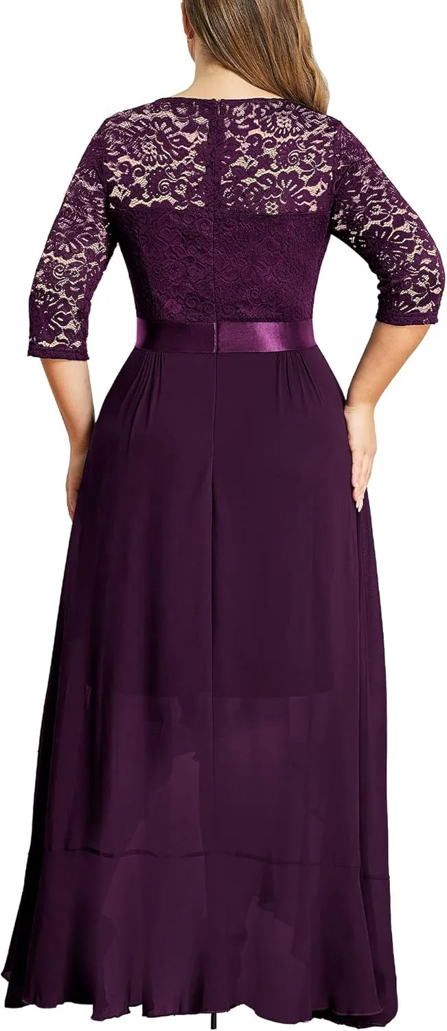 Miusol Women's Plus Size Elegant Ruffle Floral Lace Bridesmaid Maxi Dress