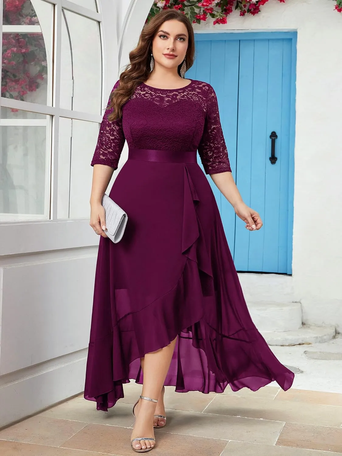 Miusol Women's Plus Size Elegant Ruffle Floral Lace Bridesmaid Maxi Dress