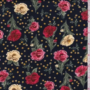 Navy/Red/Yellow Tossed Floral Double Brushed Jersey Knit Fabric