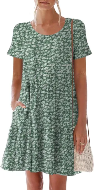 nclook Womens 2025 Summer Casual Dress Crew-Neck Short Sleeve Mini Dress with Pockets