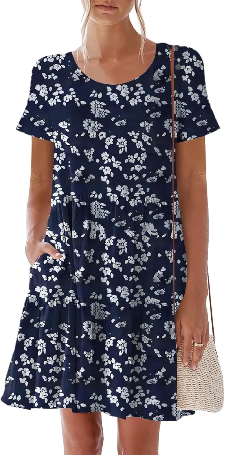 nclook Womens 2025 Summer Casual Dress Crew-Neck Short Sleeve Mini Dress with Pockets