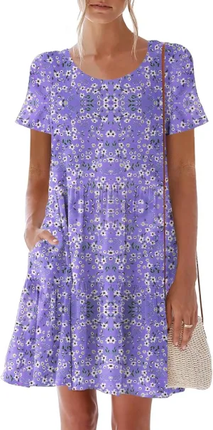 nclook Womens 2025 Summer Casual Dress Crew-Neck Short Sleeve Mini Dress with Pockets