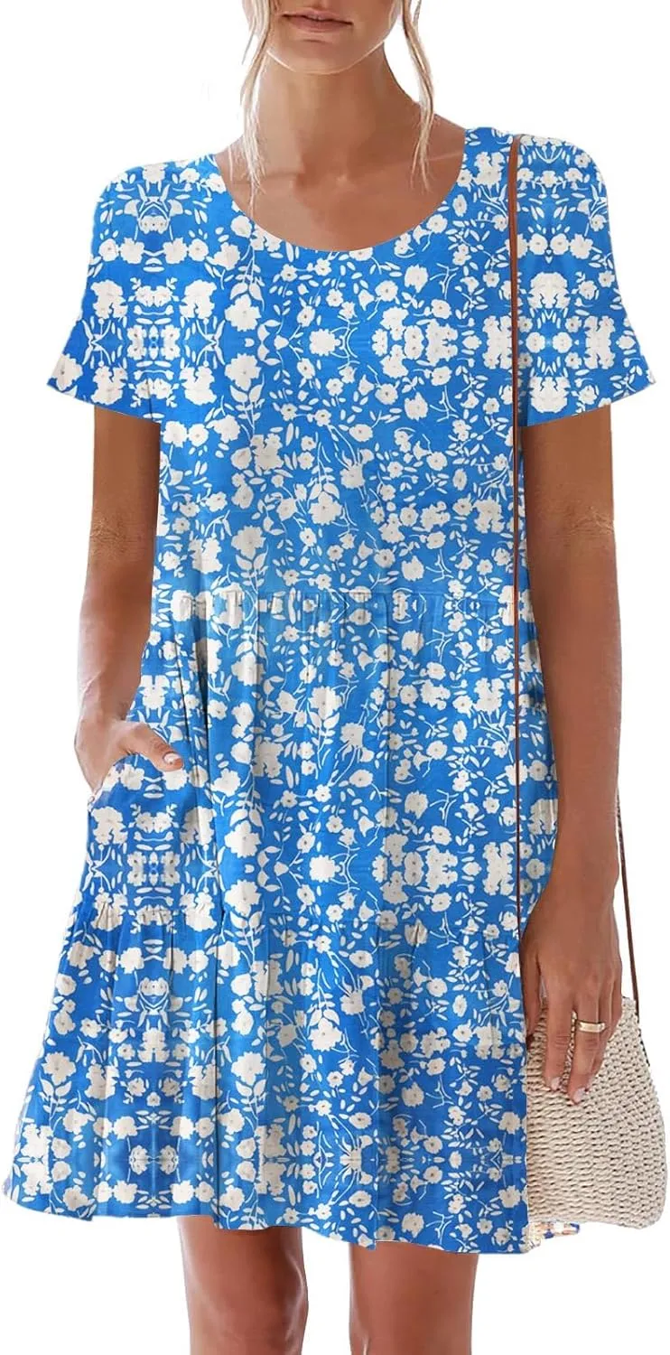 nclook Womens 2025 Summer Casual Dress Crew-Neck Short Sleeve Mini Dress with Pockets