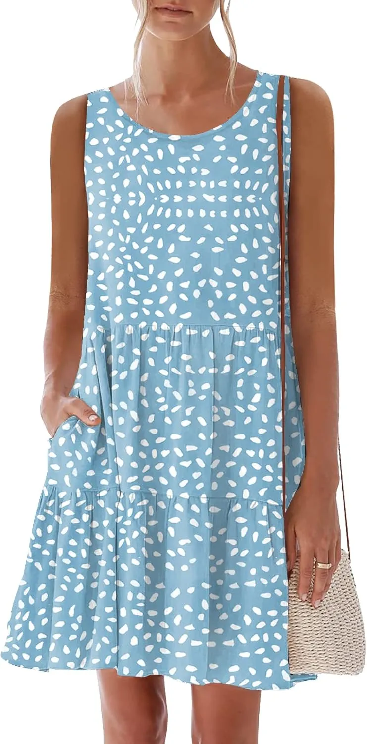 nclook Womens Summer Casual Dresses Sweet Cute Crewneck Sleeveless Dress with Pockets
