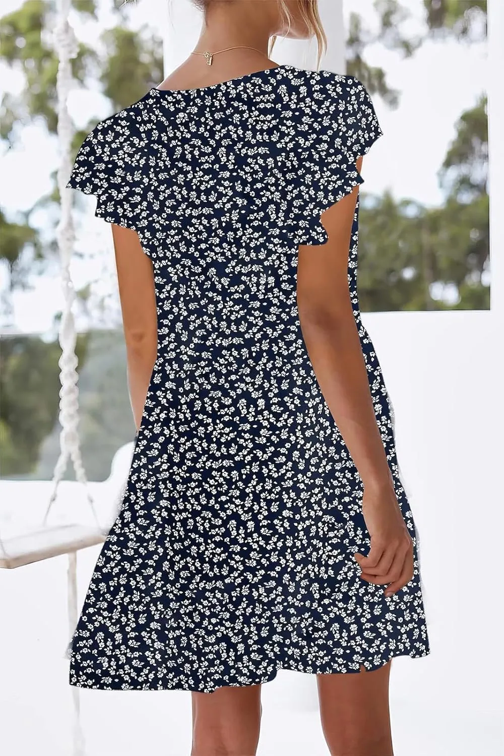 nclook Womens Summer Casual Dresses Sweet Cute V Neck Mini Dress with Pockets Ruffle Short Sleeve