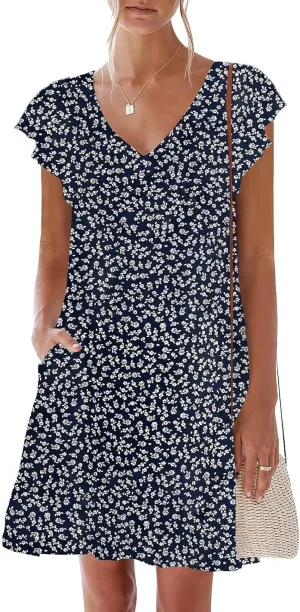 nclook Womens Summer Casual Dresses Sweet Cute V Neck Mini Dress with Pockets Ruffle Short Sleeve
