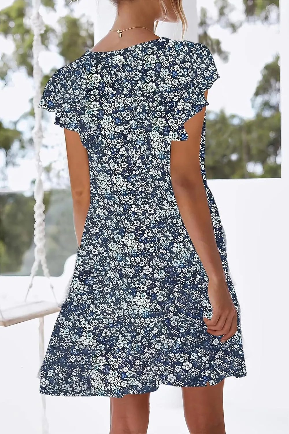 nclook Womens Summer Casual Dresses Sweet Cute V Neck Mini Dress with Pockets Ruffle Short Sleeve