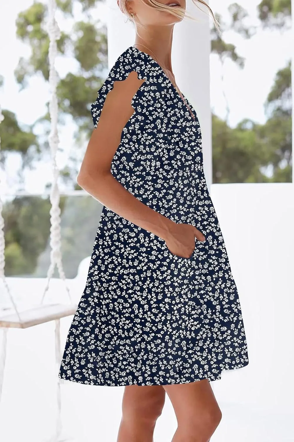 nclook Womens Summer Casual Dresses Sweet Cute V Neck Mini Dress with Pockets Ruffle Short Sleeve