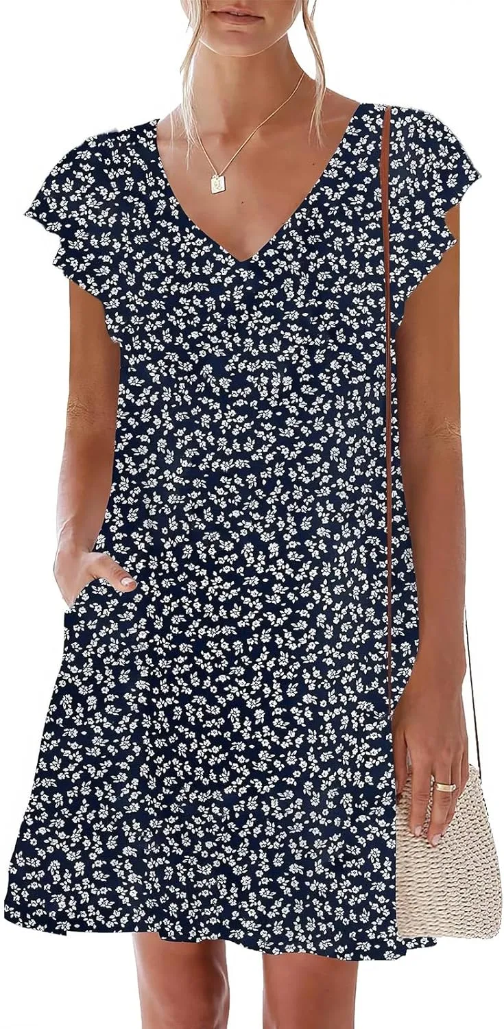 nclook Womens Summer Casual Dresses Sweet Cute V Neck Mini Dress with Pockets Ruffle Short Sleeve