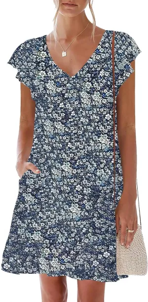 nclook Womens Summer Casual Dresses Sweet Cute V Neck Mini Dress with Pockets Ruffle Short Sleeve