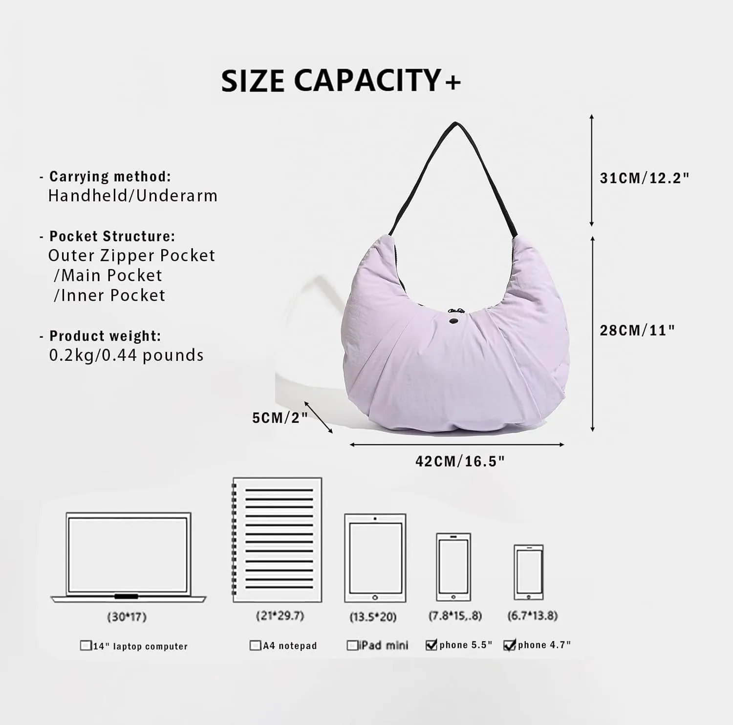 Nylon Crescent Bag, Medium Hobo bag Casual Shoulder Crossbody with Interior Pockets Lightweight for Women