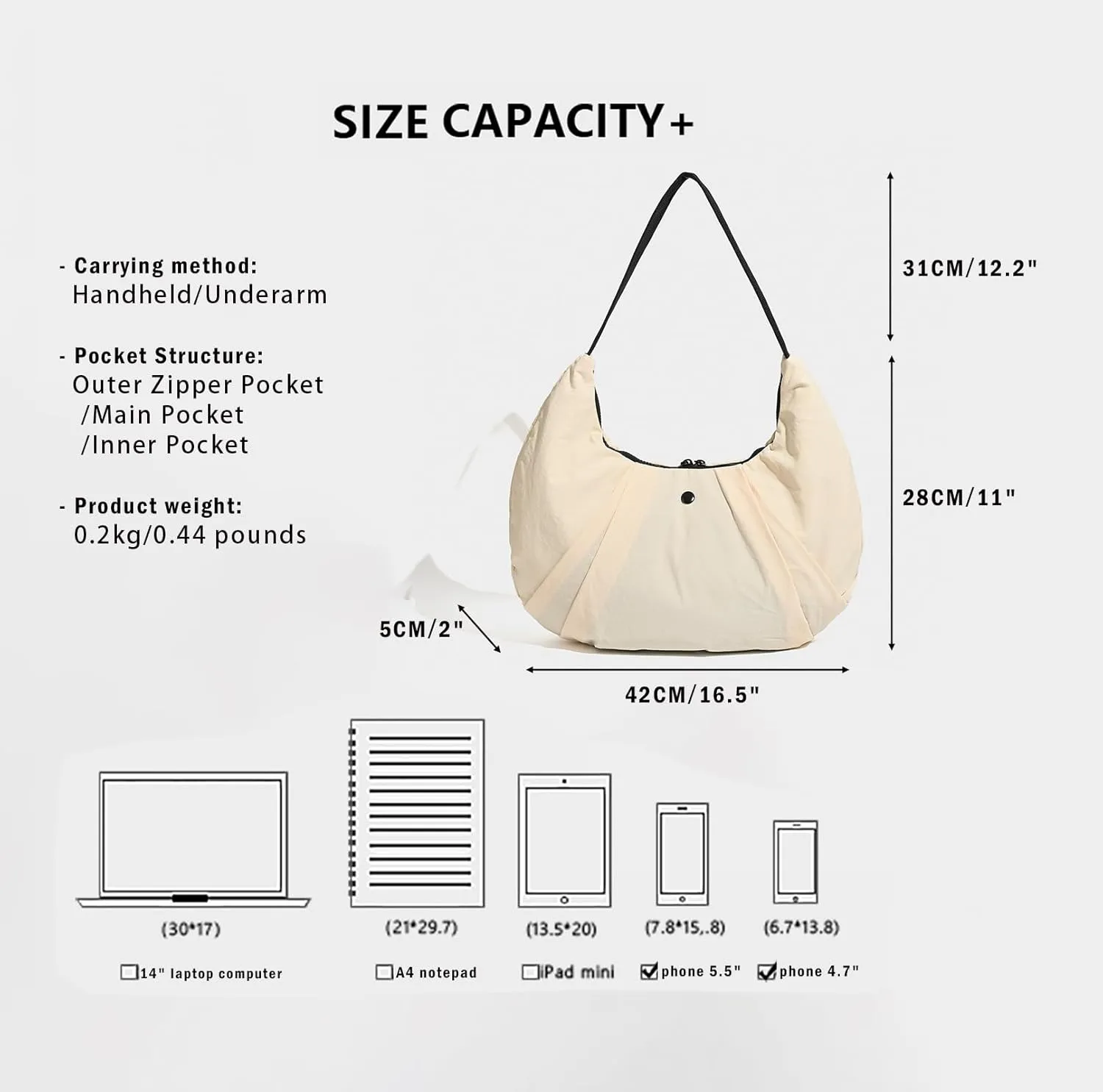 Nylon Crescent Bag, Medium Hobo bag Casual Shoulder Crossbody with Interior Pockets Lightweight for Women