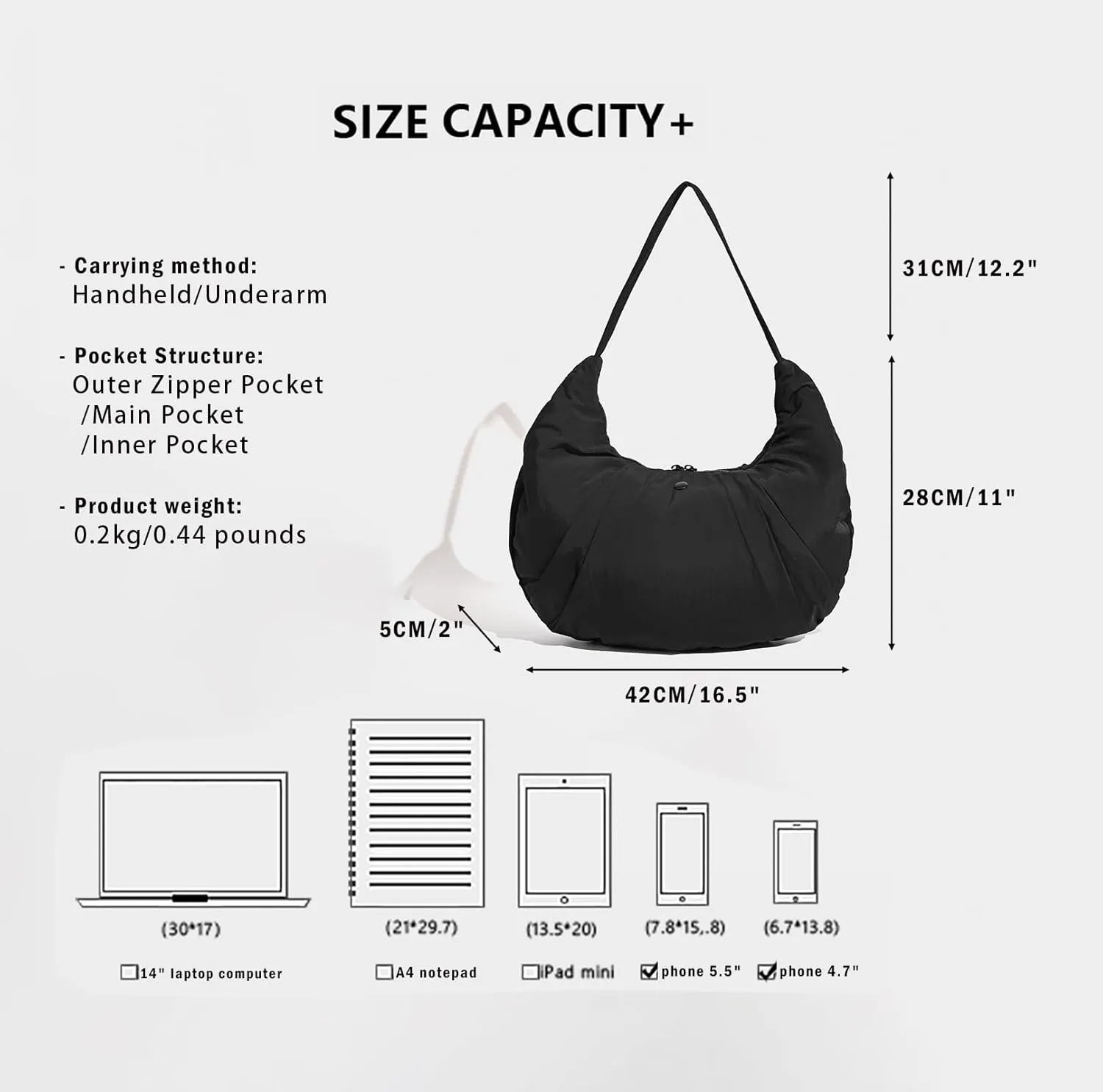 Nylon Crescent Bag, Medium Hobo bag Casual Shoulder Crossbody with Interior Pockets Lightweight for Women