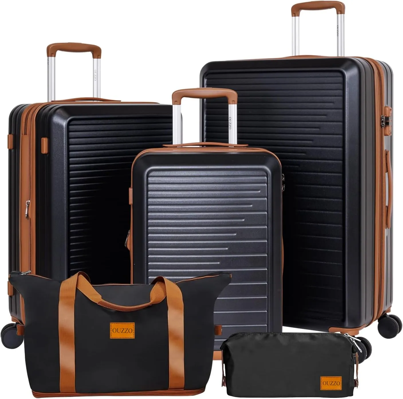 OUZZO PC Luggage,Luggage Sets of 5 Piece,Suitcases With Wheels,Check In Luggage,Expandable Carry On Luggage,20/24/28 Inch Luggage,TSA Approved Lock,Hardshell Suitcase,Black