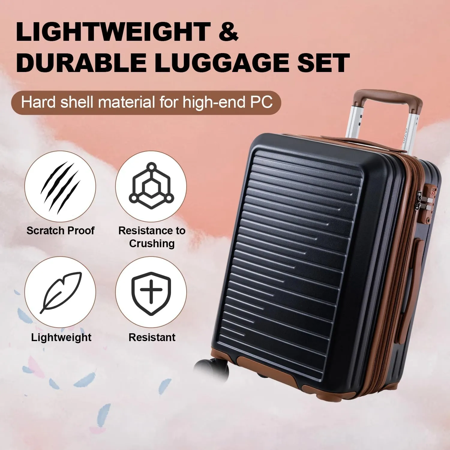 OUZZO PC Luggage,Luggage Sets of 5 Piece,Suitcases With Wheels,Check In Luggage,Expandable Carry On Luggage,20/24/28 Inch Luggage,TSA Approved Lock,Hardshell Suitcase,Black