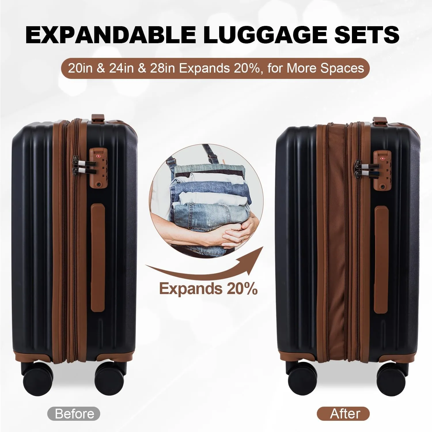 OUZZO PC Luggage,Luggage Sets of 5 Piece,Suitcases With Wheels,Check In Luggage,Expandable Carry On Luggage,20/24/28 Inch Luggage,TSA Approved Lock,Hardshell Suitcase,Black