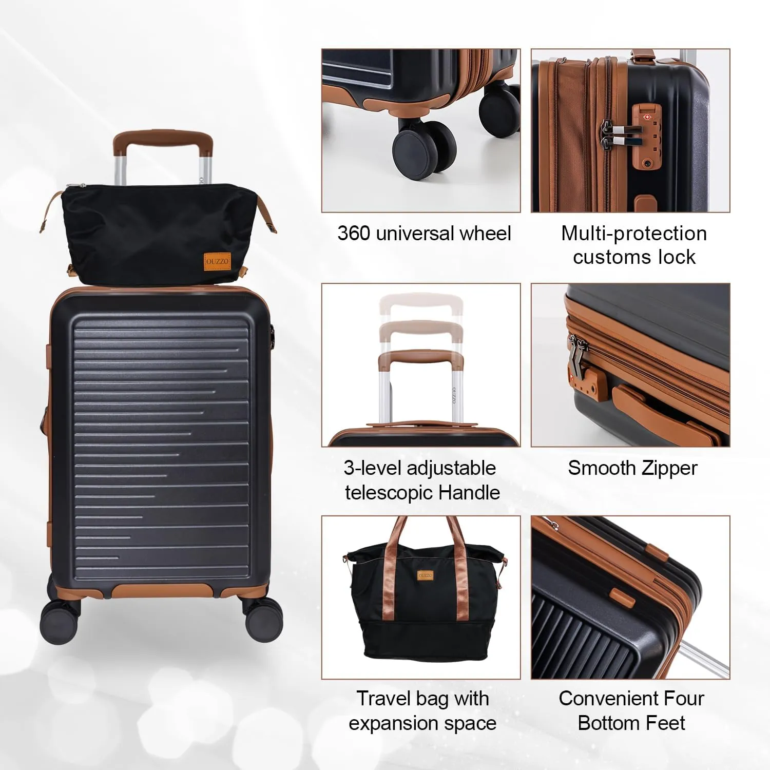 OUZZO PC Luggage,Luggage Sets of 5 Piece,Suitcases With Wheels,Check In Luggage,Expandable Carry On Luggage,20/24/28 Inch Luggage,TSA Approved Lock,Hardshell Suitcase,Black