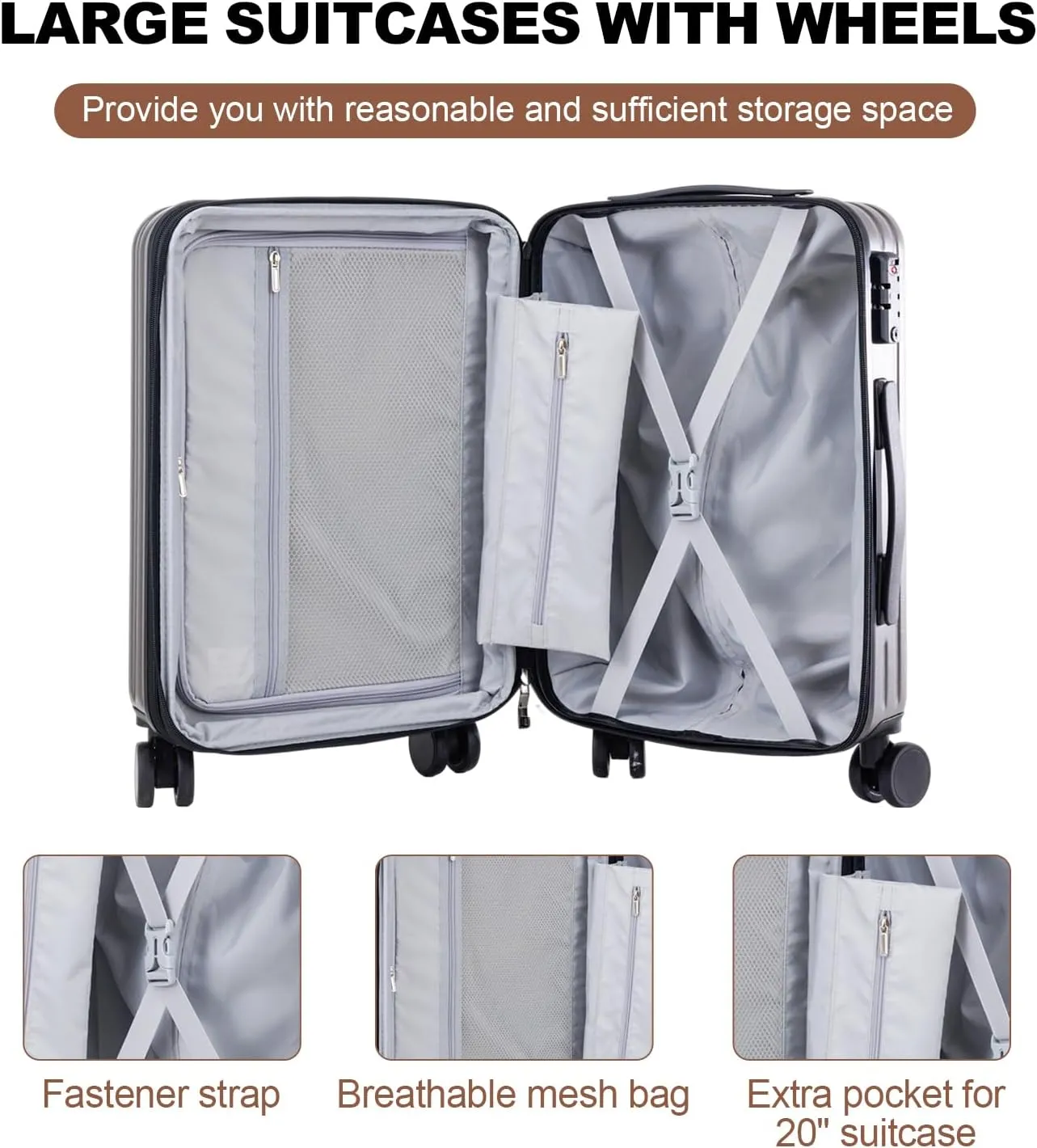 OUZZO PC Luggage,Luggage Sets of 5 Piece,Suitcases With Wheels,Check In Luggage,Expandable Carry On Luggage,20/24/28 Inch Luggage,TSA Approved Lock,Hardshell Suitcase,Black
