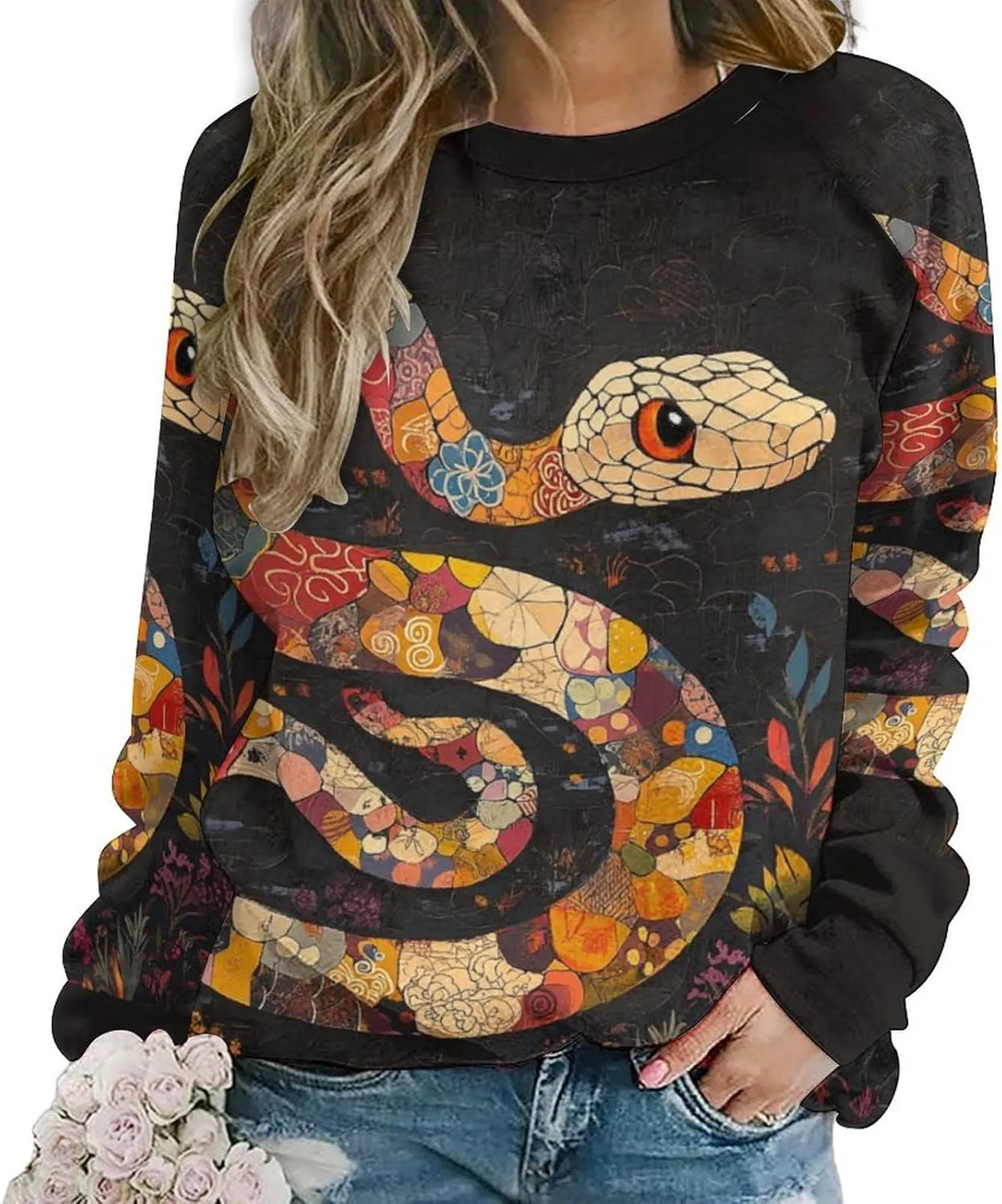 Oversized Crewneck Snake Print Sweatshirt for Women Graphic Long Sleeve Shirts Casual Pullover Trendy Tops