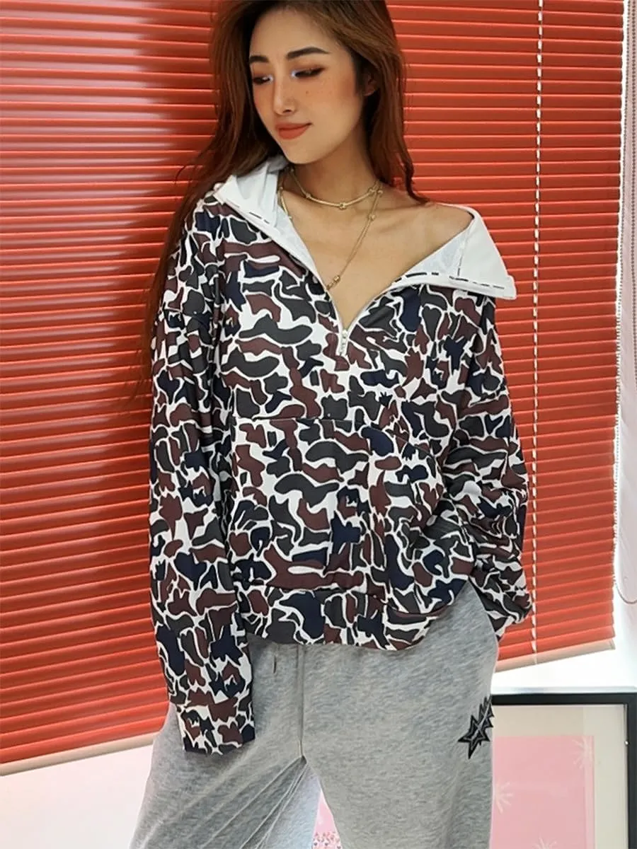 Oversized Quarter Zip Pullover Women Camo Zip Up Hoodie Purple Camo Hoodie Womens Colorful Patchwork Graphic Hoodies