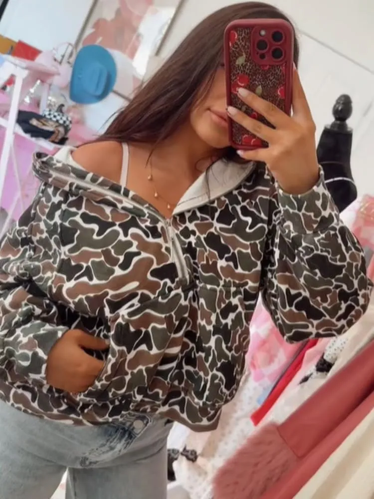 Oversized Quarter Zip Pullover Women Camo Zip Up Hoodie Purple Camo Hoodie Womens Colorful Patchwork Graphic Hoodies