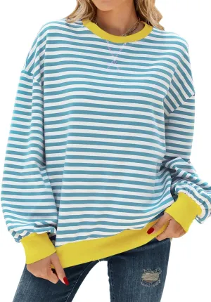Oversized Sweatshirt for Women Crewneck Long Sleeve Striped Sweater Womens Fall Fashion 2024 Pullover Sweater Trendy Clothes Hoodies Preppy Top Y2K Clothes Blue White