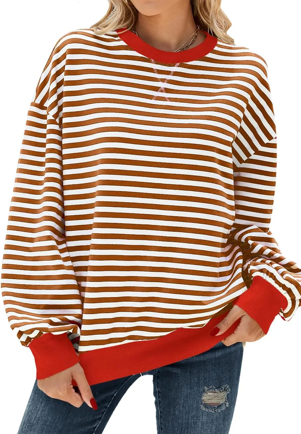 Oversized Sweatshirt for Women Crewneck Long Sleeve Striped Sweater Womens Fall Fashion 2024 Pullover Sweater Trendy Clothes Hoodies Preppy Top Y2K Clothes Brown White