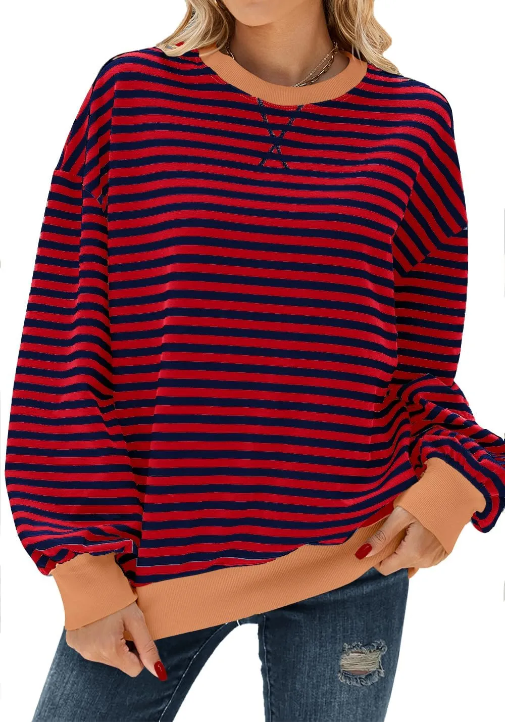 Oversized Sweatshirt for Women Crewneck Long Sleeve Striped Sweater Womens Fall Fashion 2024 Pullover Sweater Trendy Clothes Hoodies Preppy Top Y2K Clothes Burgundy Blue