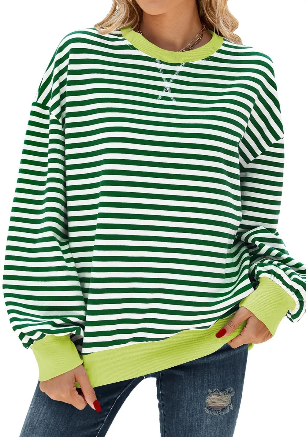 Oversized Sweatshirt for Women Crewneck Long Sleeve Striped Sweater Womens Fall Fashion 2024 Pullover Sweater Trendy Clothes Hoodies Preppy Top Y2K Clothes Green White