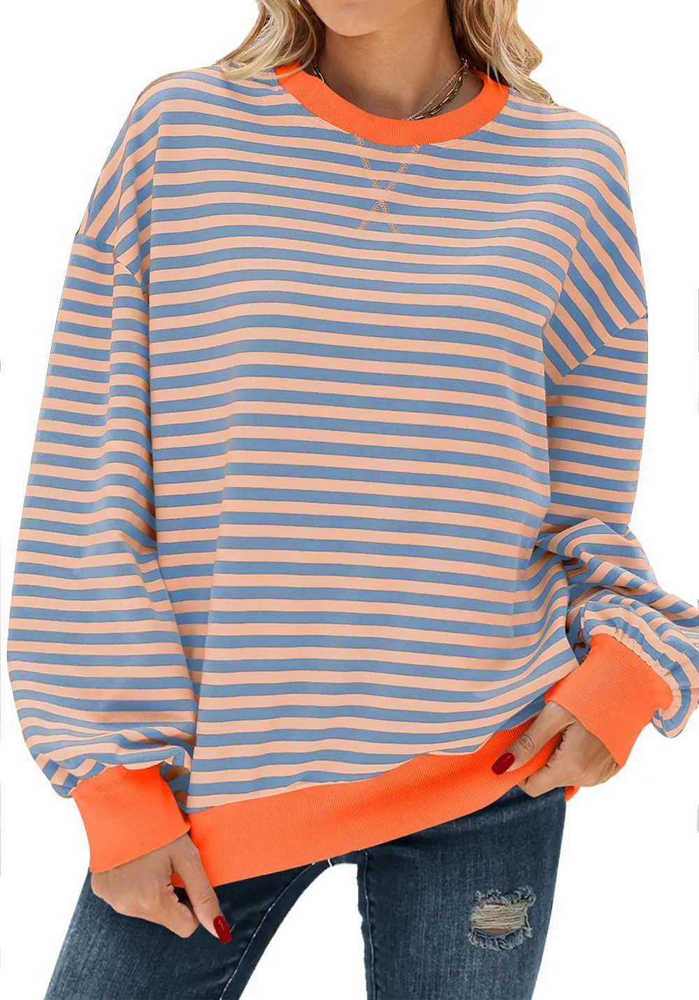 Oversized Sweatshirt for Women Crewneck Long Sleeve Striped Sweater Womens Fall Fashion 2024 Pullover Sweater Trendy Clothes Hoodies Preppy Top Y2K Clothes Pink Blue