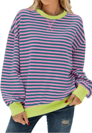 Oversized Sweatshirt for Women Crewneck Long Sleeve Striped Sweater Womens Fall Fashion 2024 Pullover Sweater Trendy Clothes Hoodies Preppy Top Y2K Clothes Pink Green