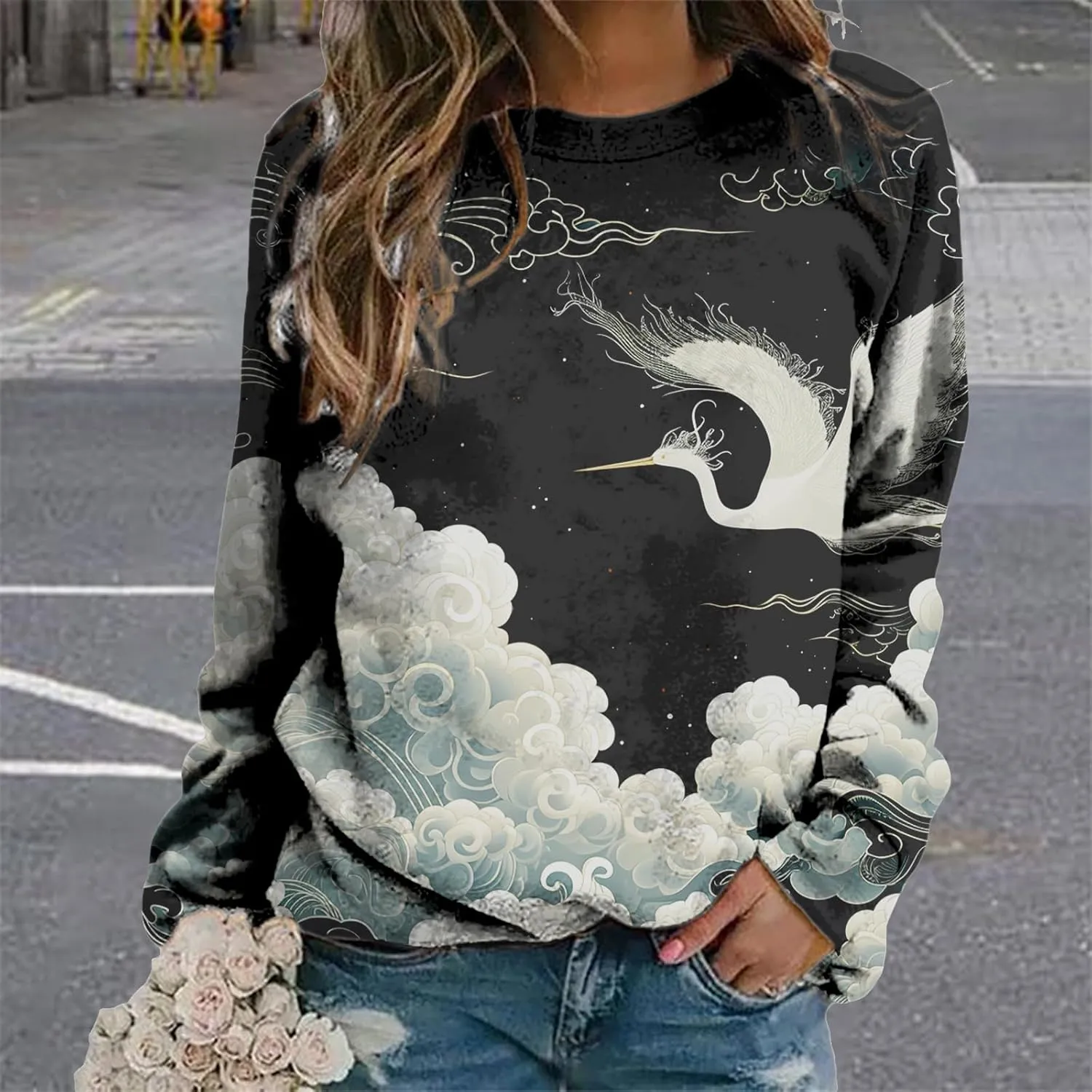 Oversized Sweatshirts for Women Trendy Crewneck Pullover Soft Comfy Crewneck Graphic Casual Long Sleeve Shirts