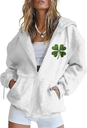 Oversized Zip Up Hoodie for Women Spring Long Sleeve Sweatshirts 2025 Trendy St Patricks Day Shirts with Pockets