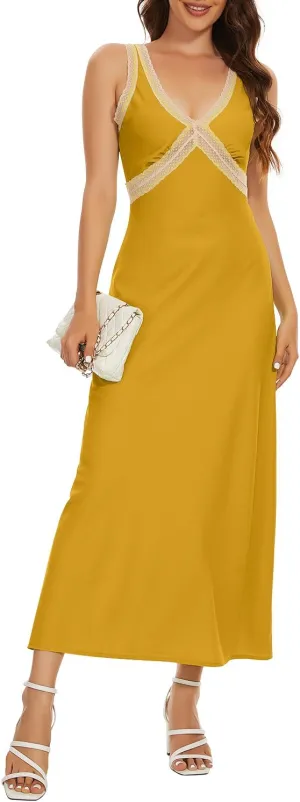 OWNGIGI Womens Sleeveless V-Neck Boho Maxi Sundress Lace High Waist Beach A Line Long Dresses