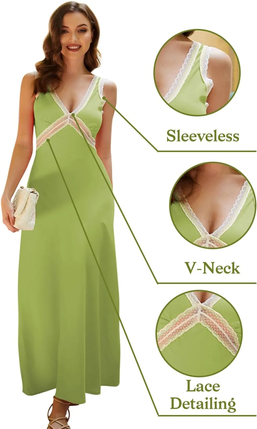OWNGIGI Womens Sleeveless V-Neck Boho Maxi Sundress Lace High Waist Beach A Line Long Dresses
