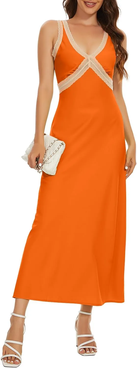 OWNGIGI Womens Sleeveless V-Neck Boho Maxi Sundress Lace High Waist Beach A Line Long Dresses