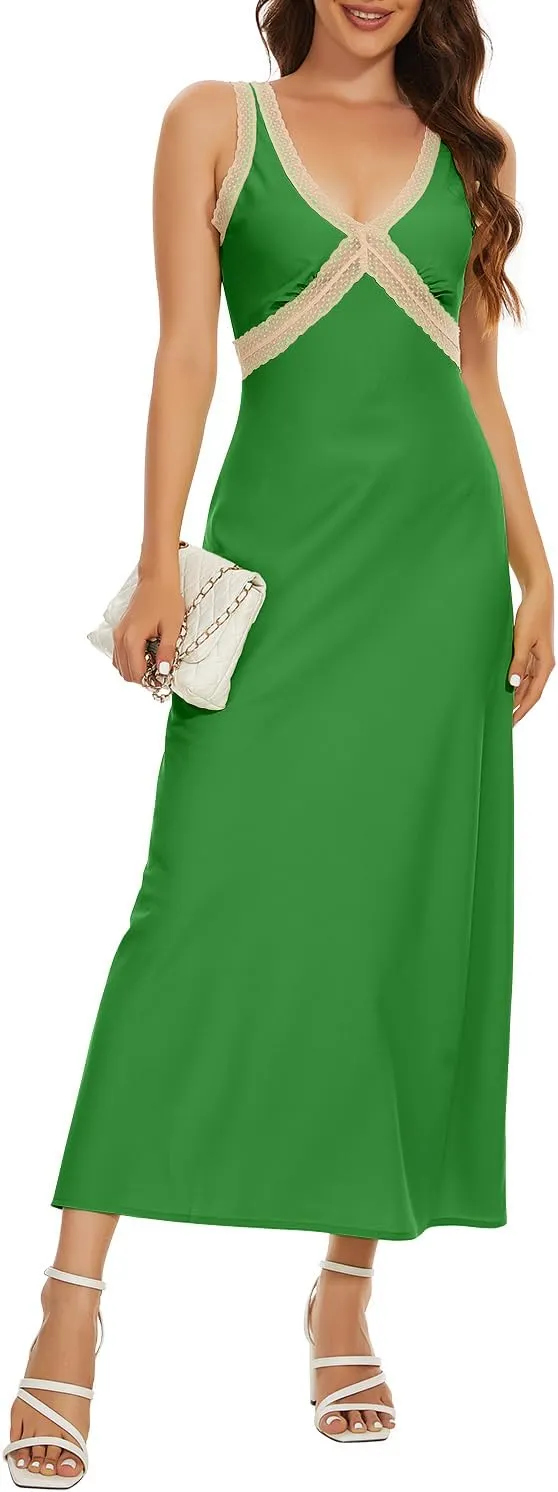 OWNGIGI Womens Sleeveless V-Neck Boho Maxi Sundress Lace High Waist Beach A Line Long Dresses